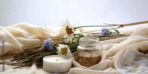 Self care card with organic cream  natural oil  aroma sticks  sleeping mask and wild flowers on white background.