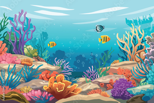 Background sea world in the flat cartoon design. Marvels of nature as schools of fish, coral reefs, graceful sea creatures come to life, highlighting beauty of the ocean. Vector illustration.