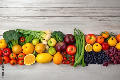 various kinds of vegetables on a wooden table. generative AI