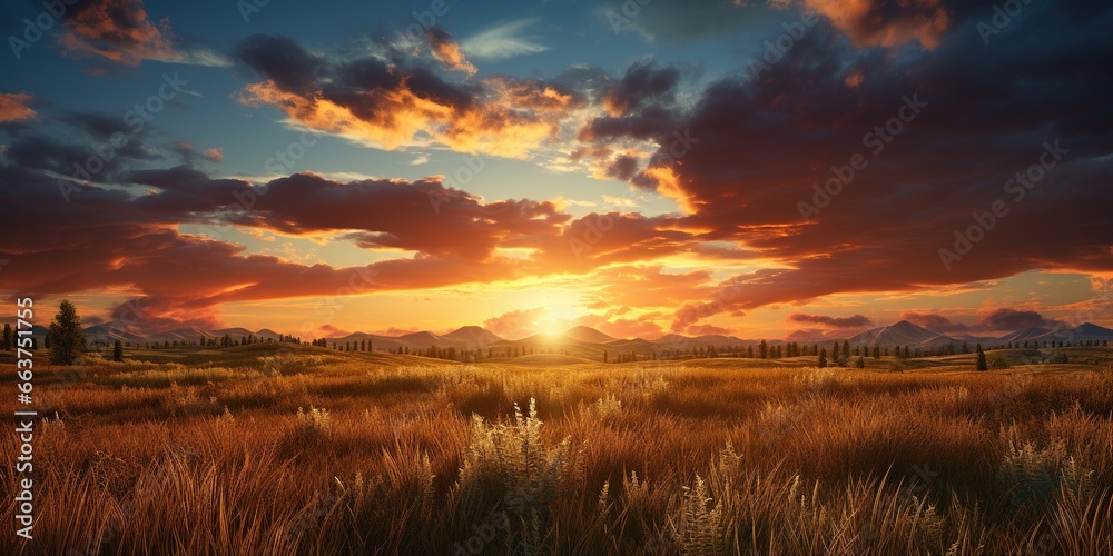 The sun is setting over a field of grass and bushes.