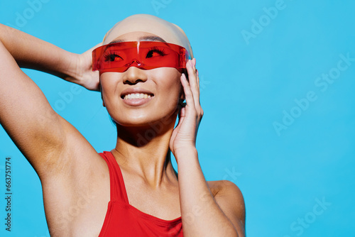 Asian woman smiling emotion fashion white beauty beach red sunglasses portrait blue