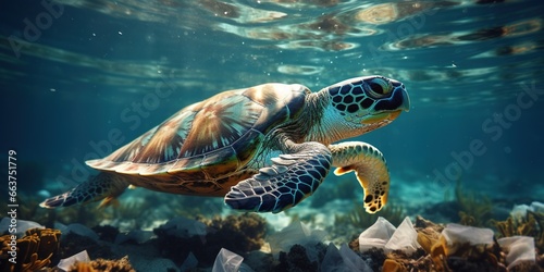 The turtle in the ocean swims among the plastic. Ocean plastic pollution.