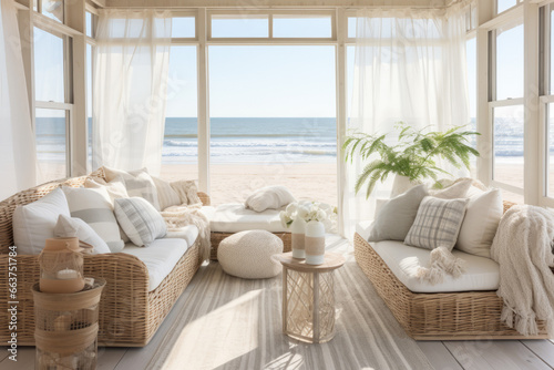 A sunroom that captures the spirit of the beach, with whitewashed wooden floors, rattan furniture draped with light linens, and a palette inspired by the sand and sea.