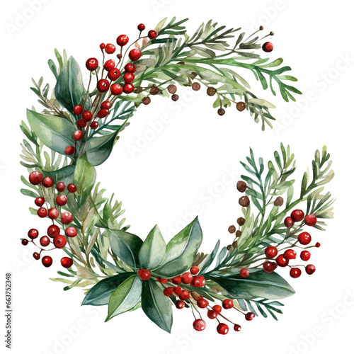 Christmas holly berry wreath with mistletoe, cones, berries, needles, fir tree. Frame for Christmas holiday decoration, greeting cards, gift tags, invitation. 