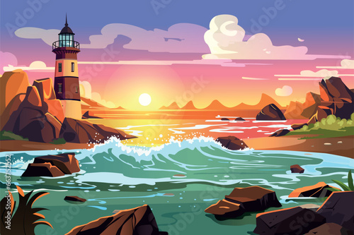 Background lighthouse on the shore in the flat cartoon design. The vast expanse of the sea stretches beyond  its deep hues contrasting with the vibrant colors of the sky. Vector illustration.