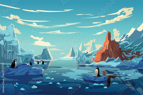 Background penguins and glaciers in the flat cartoon design. Adorable penguins steal the spotlight, their playful antics bringing a touch of warmth to the icy landscape. Vector illustration.