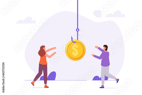 Money bait, money trap concept. Dollar on the fishing hook. Vector illustrations for banner, website, landing page, flyer.