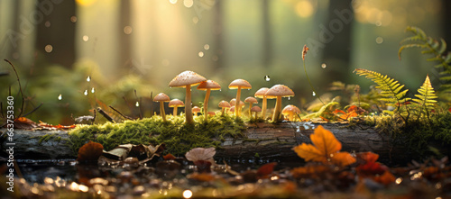 Autumn seasonal background, little mushrooms growing on a tree trunk in wet moss, under rain drops and autumnal sun - Fall season magical ambience photo