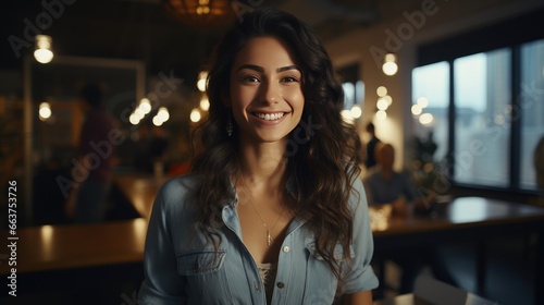 One woman caucasian female happy confident stand indoor at cafe portrait smile real person copy space.