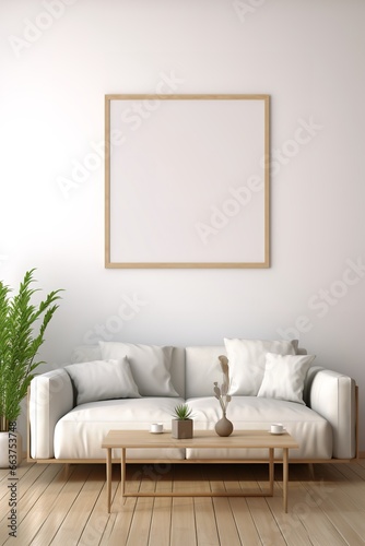 A cozy and inviting living room with a white couch, coffee table, and picture frame on the wall.