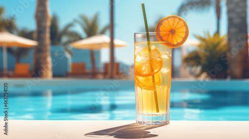 Refreshing iced lemonade in a high glass by the pool on a hot summer s day