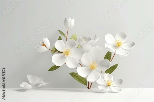 3D mockup showcasing white flowers and leaves blooming on a white background. Generative AI