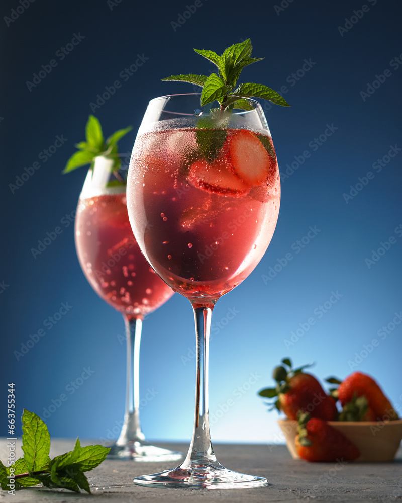 Strawberry gin and tonic decorated with peppermint. Blue background. Strawberry gin and tonic decorated with peppermint. Blue background.
