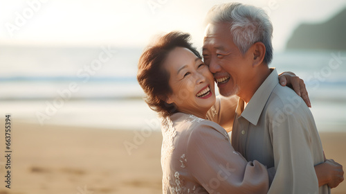 Happy senior asian korean couple sharing a loving hug on a beach photo