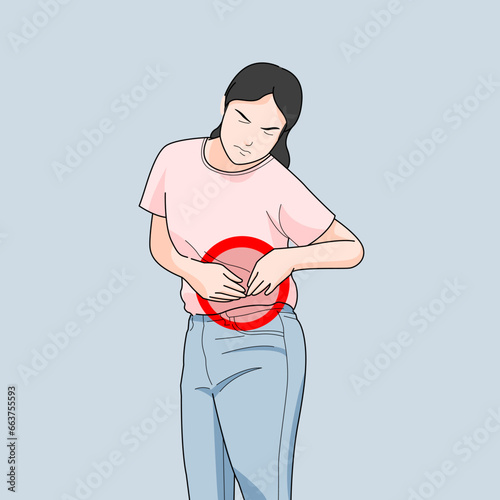 woman in hurt sprain stomach ache standing unable to move grinding in pain