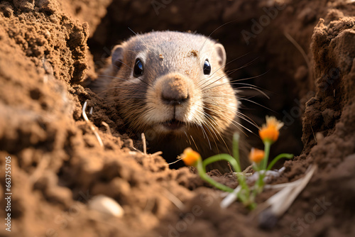 groundhog peeks out of his hole