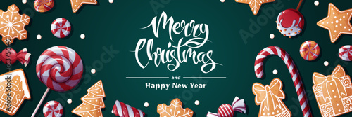 Festive banner with lollipops, candies and gingerbread cookies. Christmas background with gingerbread. Suitable for greeting cards, banners, posters, flyers for New Year and Christmas