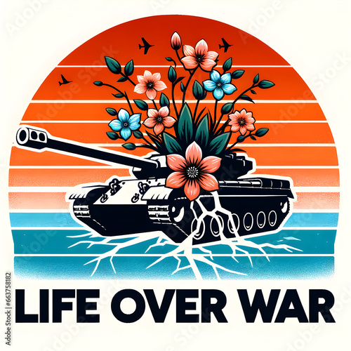 Vector Illustration of Broken Tank with Blooming Flowers Symbolizing Triumph of Life Over War