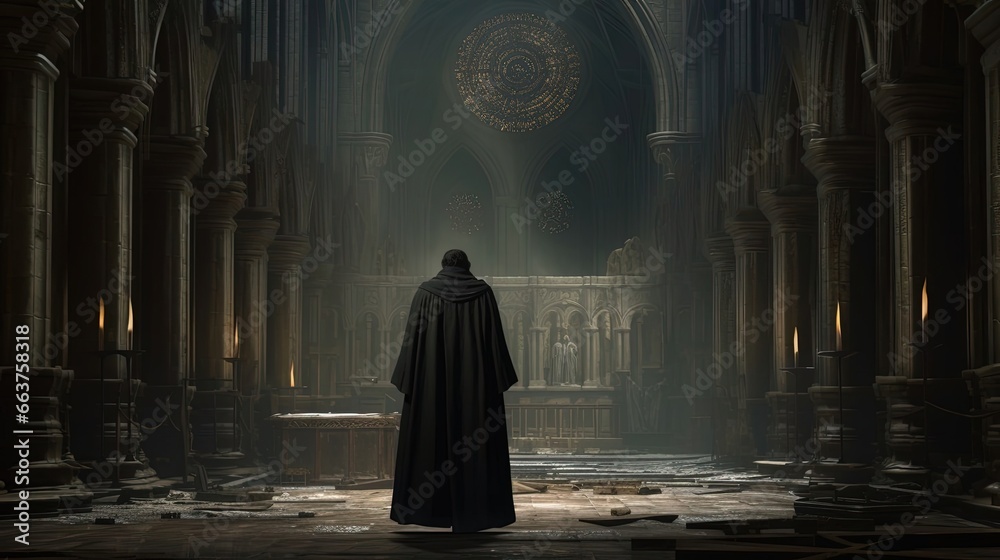 A priest in a medieval cathedral, rear view, mystery dark background. Created with Generative Ai technology. A priest in a medieval cathedral, rear view, mystery dark background. Created with Generative Ai technology.