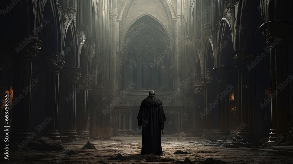 A priest in a medieval cathedral, rear view, mystery dark background. Created with Generative Ai technology.