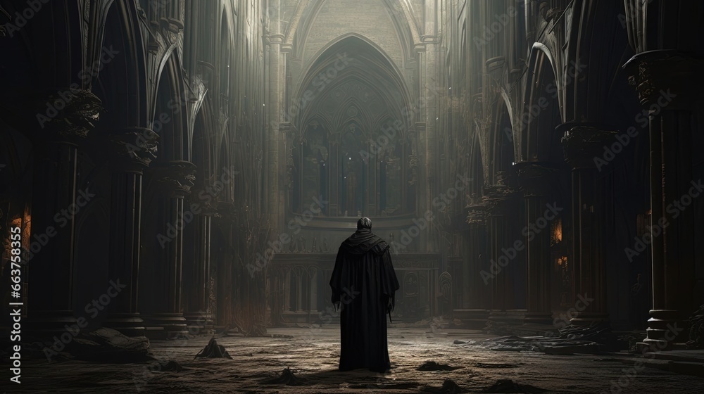A priest in a medieval cathedral, rear view, mystery dark background. Created with Generative Ai technology. A priest in a medieval cathedral, rear view, mystery dark background. Created with Generative Ai technology.