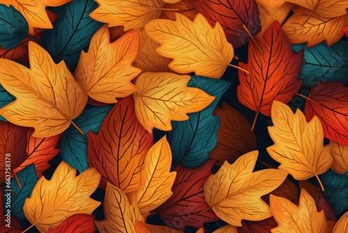 illustration of autumn leaf pattern with fallen leaves. Generative AI