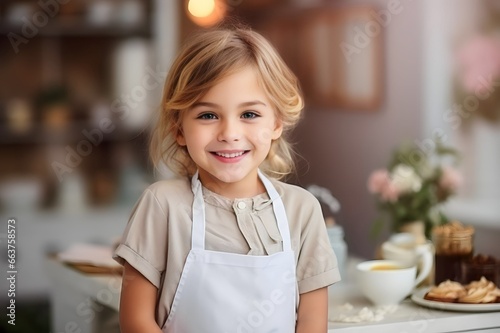 a kid girl in a kitchen apron