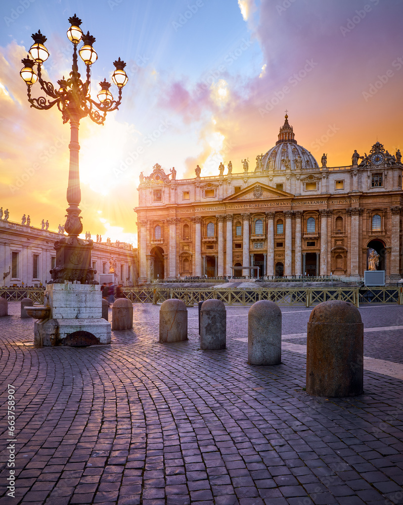 Vatican City Holy( See. Rome, Italy. Dome of St. Peters Basil cathedral at Saint Square. Evening sunset, golden hour with evening sky and street lamps - obrazy, fototapety, plakaty 