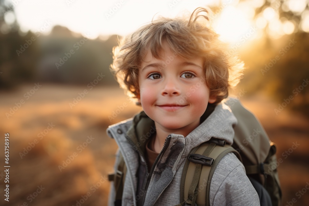 Portrait of a cute boy looking at camera while near his tent in nature Portrait of a cute boy looking at camera while near his tent in nature
