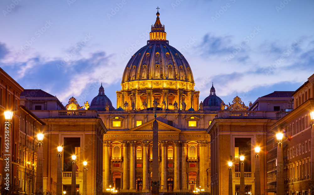 Vatican City (Holy See. Rome, Italy. Dome of St. Peters Basil cathedral at Saint Peter's Square. Evening sunset, golden hour with evening sky and street lamps. - obrazy, fototapety, plakaty 