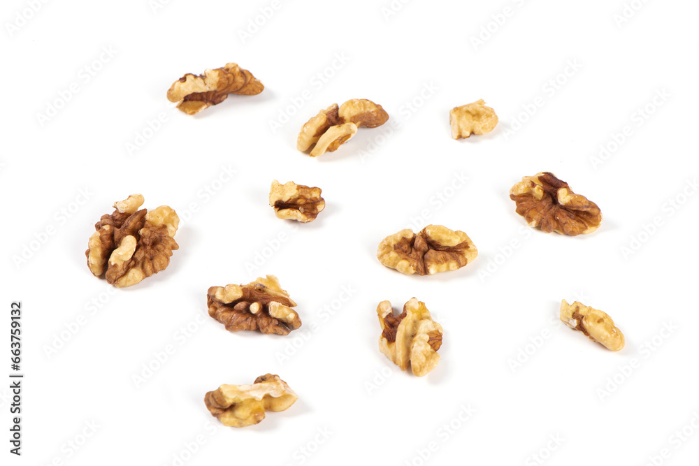 Walnuts and cracked walnuts isolated on white background Walnuts and cracked walnuts isolated on white background