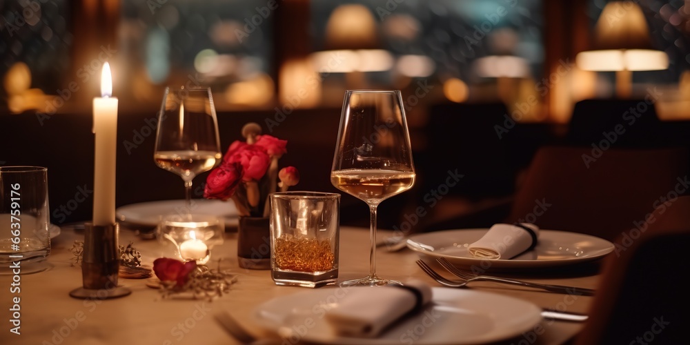 a table in a restaurant with a romantic concept combined with candles and flowers. generative AI