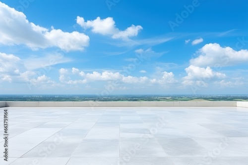 Blue Sky Background Cloud Horizon with Empty Concrete Floor. Generative AI. © Dusit