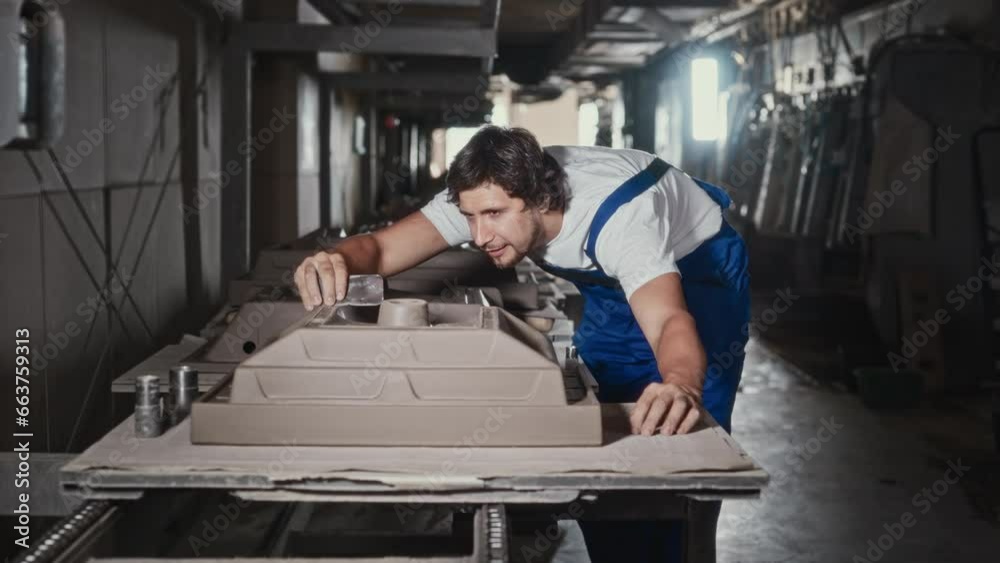 A male worker at a plumbing manufacturing plant processes a sink blank. A professional uses a scraper to remove excess material A male worker at a plumbing manufacturing plant processes a sink blank. A professional uses a scraper to remove excess material