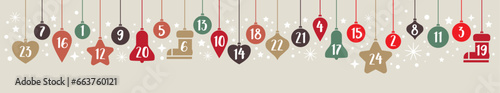 Advent Calendar banner - Christmas baubles for countdown - colorful vector illustration