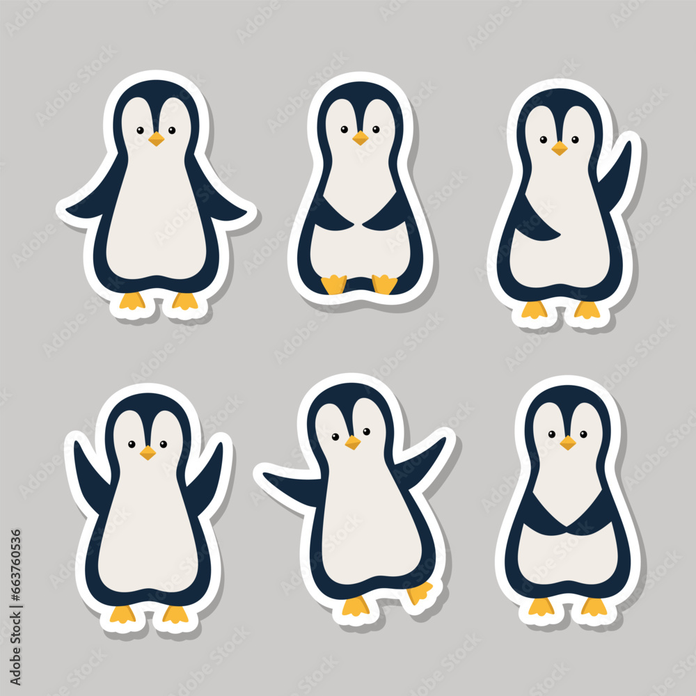 Obraz premium Stickers Collection of cartoon penguin. Vector illustration of Arctic cute animals.