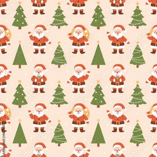 Vector seamless pattern with cute smiling Santa Claus characters and Christmas trees. Funny characters in red hat and spruce trees with decorations. Christmas and New Year background.