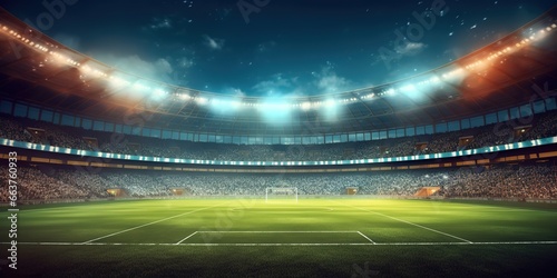 a large football stadium with bright lights at night. generative AI © Nanda
