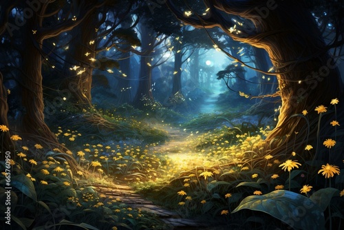 Enchanting foliage in an otherworldly woodland with luminous fireflies sparkling above. Generative AI