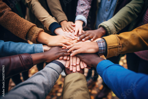 Group of mix race people joining hands together in a circle supporting each other, symbolizing unity and collective action in the fight against social injustice photo