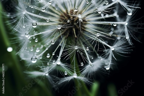 a detailed view of a dandelion covered in water droplets. Generative AI