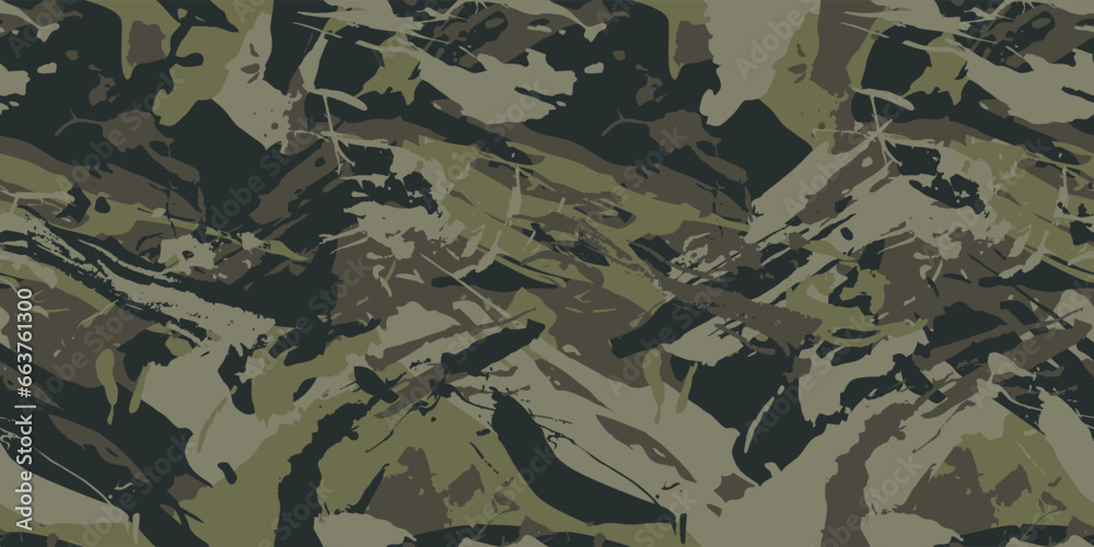 Abstract grunge camouflage, seamless texture, military camouflage pattern, Army or hunting dark khaki green camo clothes. Camouflage wallpaper for textile and fabric. Fashion camo style. Vector