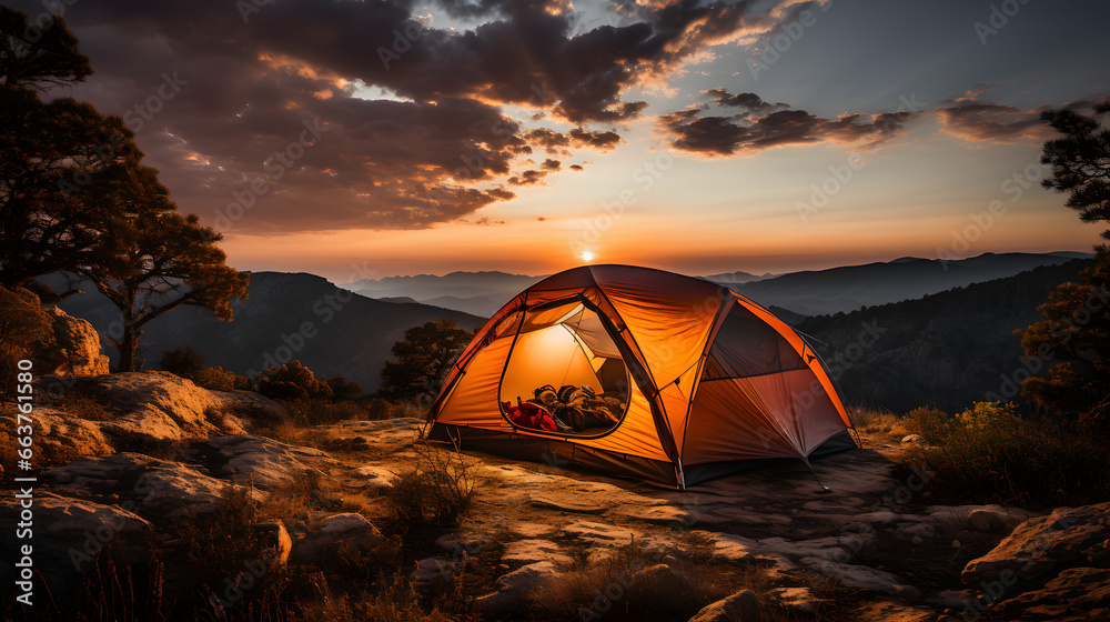 A captivating image of a solitary camper's tent in the midst of a vast, untouched wilderness, emphasizing the feeling of isolation and connection with nature.