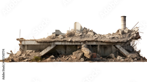Residential building after rocket or bomb attack on white background