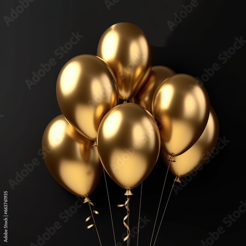 a group of gold balloons against a black wall.