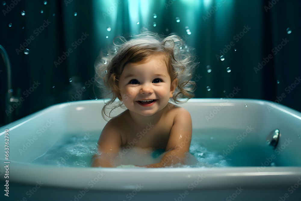 Cute baby in bathtub a cinematic shot one color background. High quality Cute baby in bathtub a cinematic shot one color background. High quality