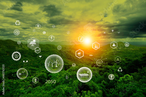 Net zero in 2050, ESG eco concept. green nature The concept of reaching net zero Round green energy icon Invest in environment, society and governance. Carbon dioxide emission in industry net zero. photo