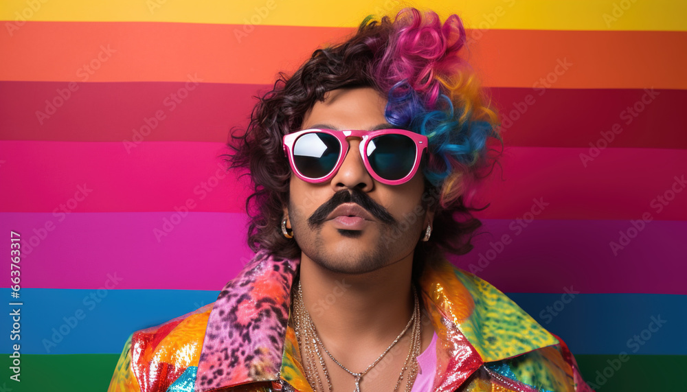 person with sunglasses and colourful clothes in front of a rainbow wall