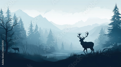 Silhouettes of deer in forrest , Animal wildlife silhouettes on meadow in forrest