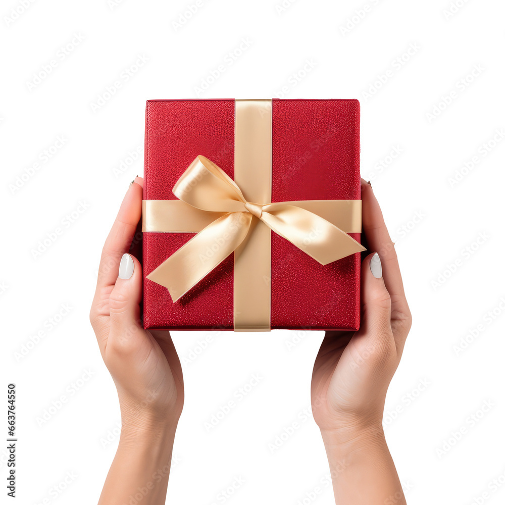 Hands holding gift box. Top view of woman hands giving present box. Isolated on transparent background Hands holding gift box. Top view of woman hands giving present box. Isolated on transparent background